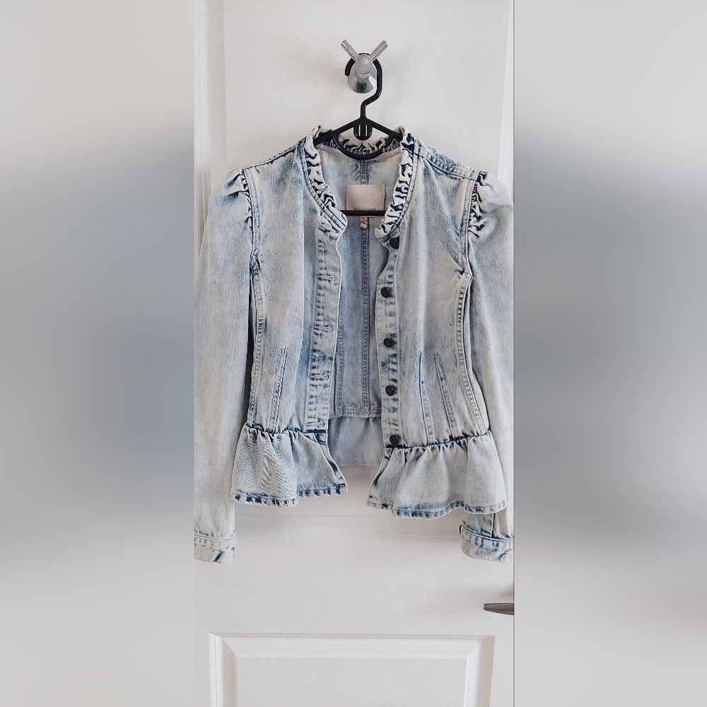 Rebecca Taylor light blue Peplum Denim Jacket with Ruffle Collar XS